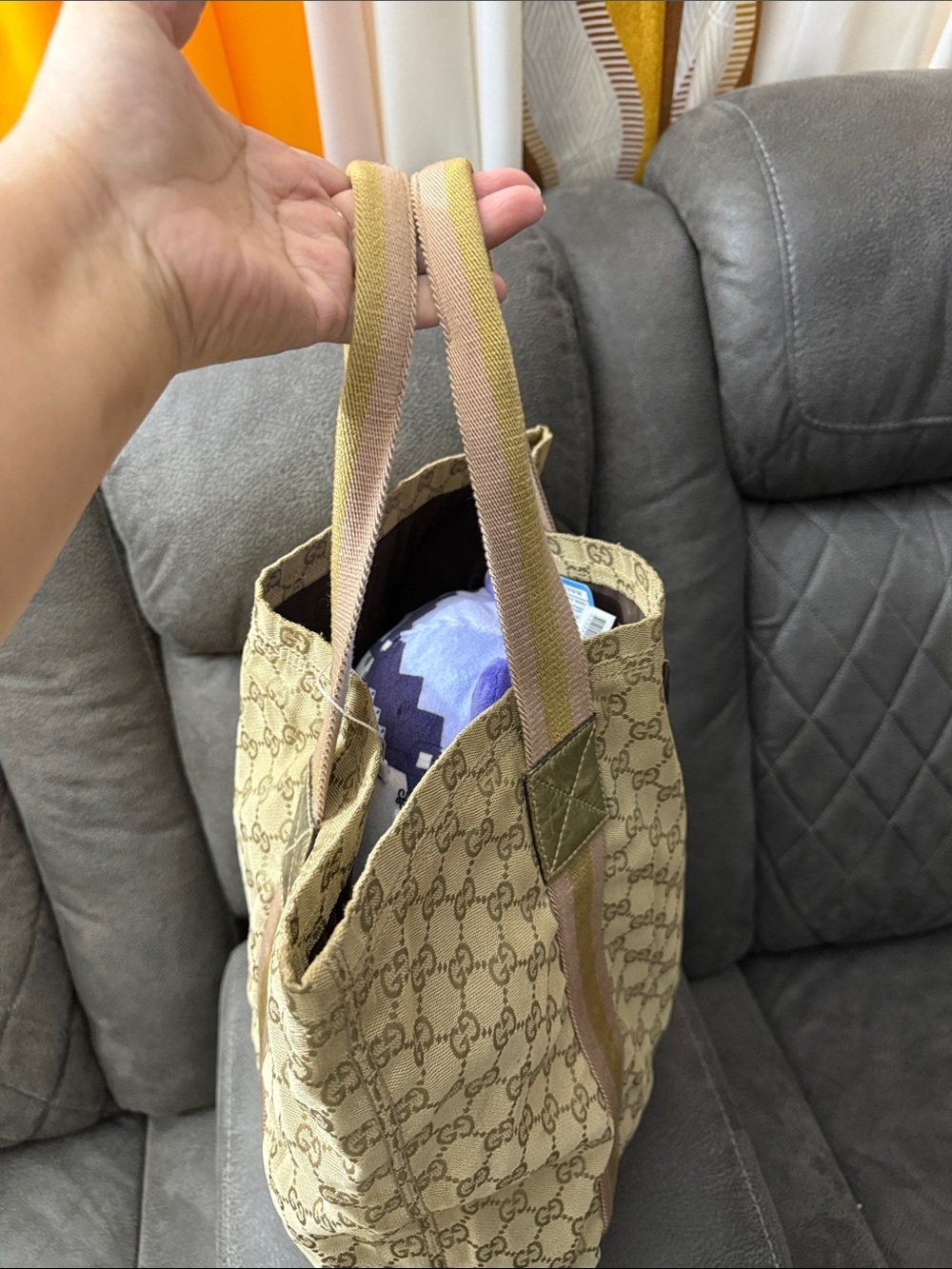 GG Monogram Beige Canvas Tote with Pink & Olive Straps - Picture 4 of 12